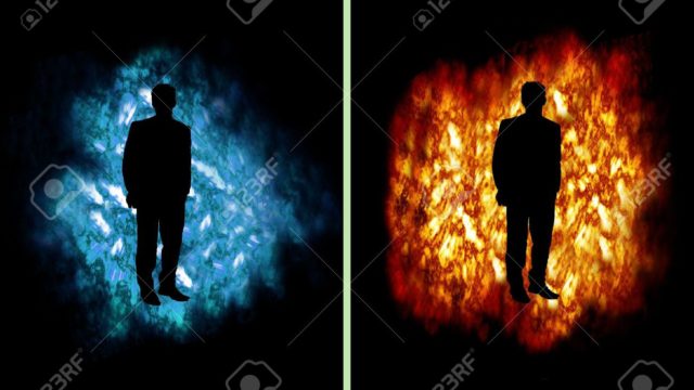 6498172-Business-man-on-fire-and-ice-cloud-Stock-Photo